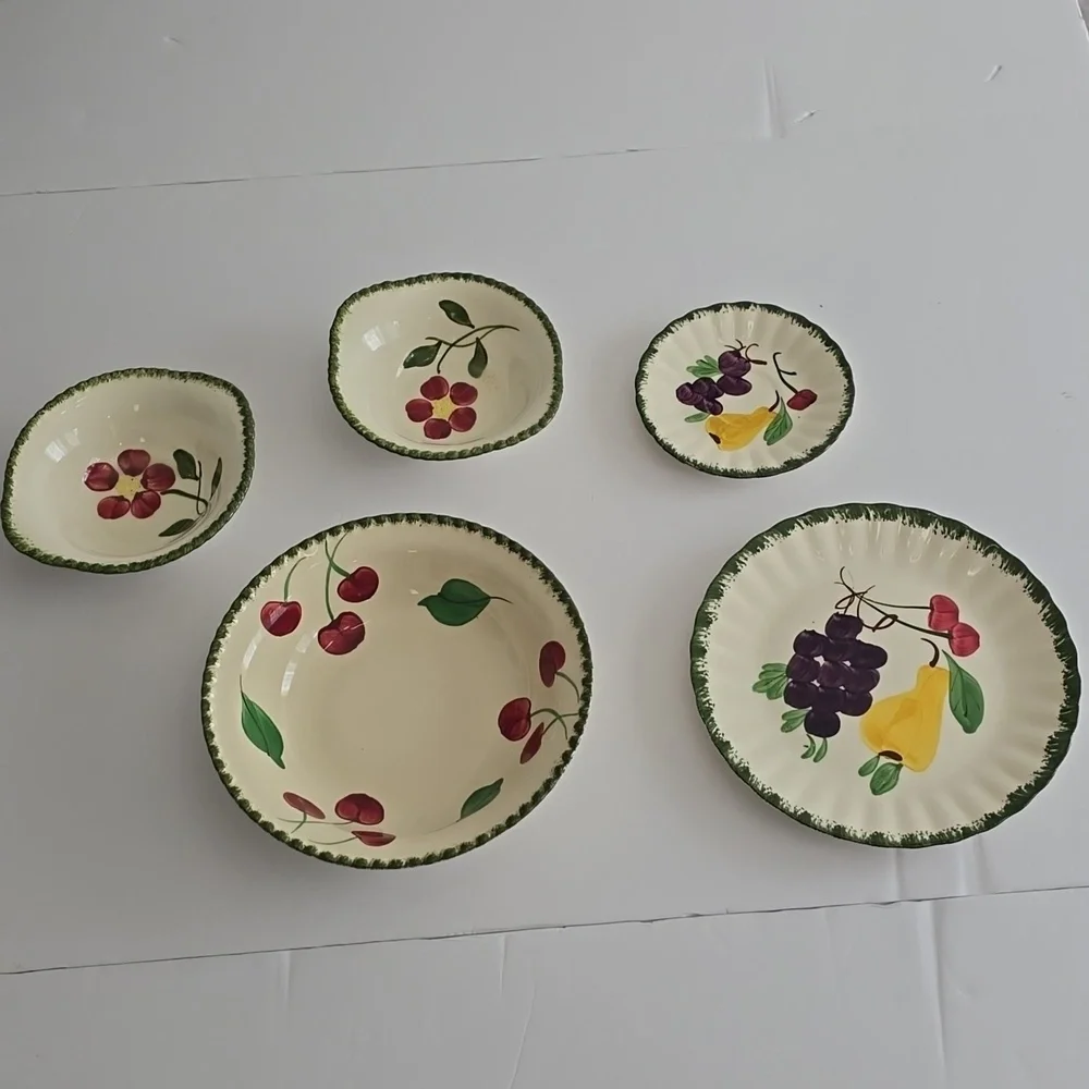 Vintage Set Of 5 Blue Ridge Hand Painted Underglaze Potteries Fruits Plate Bowl